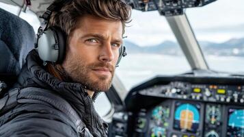 Pilot adjusting flight instruments with focus and determination photo
