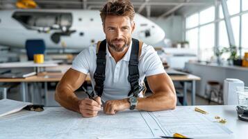 pilot preparing for flight, studying maps and charts in office photo