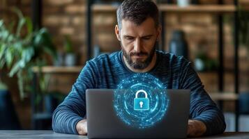 man using laptop with digital lock icon, symbolizing online security photo