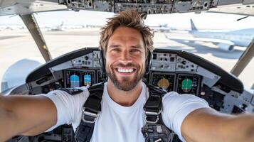 pilot smiling while taking selfie in cockpit, showcasing joy and excitement photo