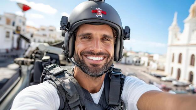 Pilot smiling in helmet, capturing selfie in sunny location photo