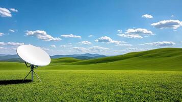 satellite dish in rural setting with rolling green hills and blue sky photo