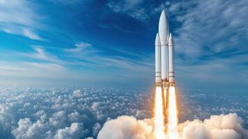 rocket launching into space with fiery exhaust and clouds below photo