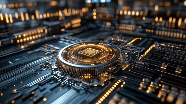 futuristic circuit board with glowing elements and central processor photo