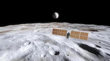 satellite orbiting moon with craters and valleys in space photo