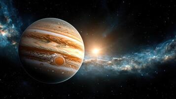 stunning gas giant with swirling clouds and bright star backdrop photo