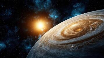 satellite orbiting gas giant with swirling clouds and bright sun photo