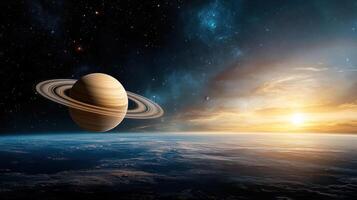 stunning view of planet with rings and moons in space, showcasing beauty photo