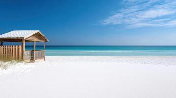 serene beach scene with wooden gazebo overlooking calm ocean waves photo