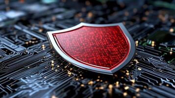 red shield icon overlaying digital landscape symbolizes protection and security photo