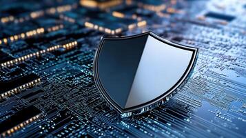 Digital shield icon on circuit board background representing security photo