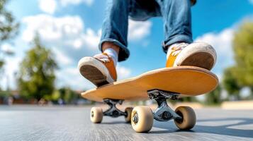 Skateboarder performing tricks on sunny day with blue skies photo