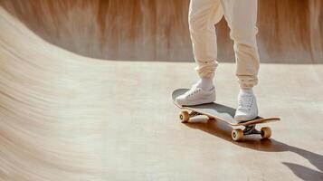 Skateboarder practicing tricks in empty skate park, showcasing skill and focus photo