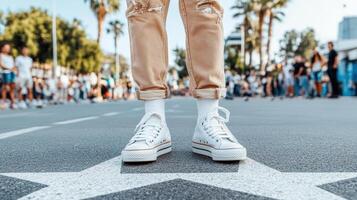 Fresh white sneakers on person standing on star in crowd photo