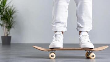 Skateboarder standing on skateboard, wearing white sneakers and pants photo