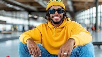 Bright smile of man in yellow hoodie and beanie, wearing sunglasses photo