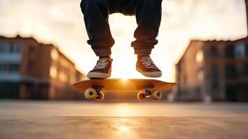 skateboarder jumps at sunset, creating dynamic silhouette against warm sky photo