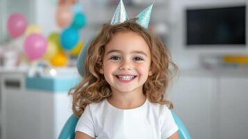 Child smiling in dental chair, celebrating with colorful decorations photo