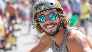 smiling skateboarder wearing unique helmet and sunglasses at vibrant event photo