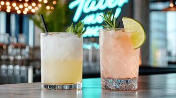 Refreshing cocktails on stylish bar with vibrant lighting and decor photo
