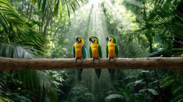Colorful birds perched on branch in sunlit rainforest, showcasing nature beauty photo