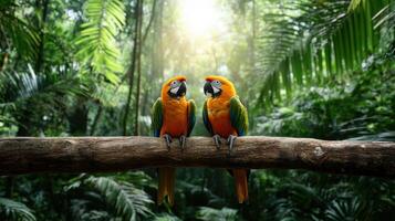 Colorful birds perched branch sunlit rainforest, showcasing vibrant feathers and serene photo