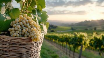 Fresh grapes in basket at sunset in vineyard landscape photo