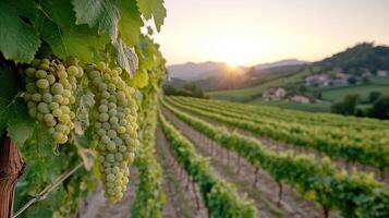 Dusk in vineyard with ripe grapes hanging heavy on vine photo