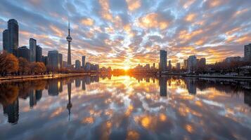 Stunning sunset over city skyline with clouds reflecting in water photo