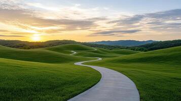 winding path through lush green hills at sunset creates serene landscape photo