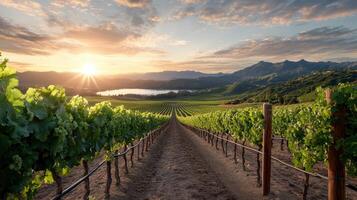 Sunset over vineyard with lush grapevines and rolling hills photo