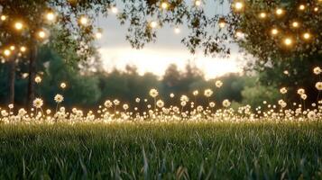 serene field of glowing flowers under twinkling lights at dusk photo