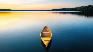 serene lake at dusk with small yellow boat drifting peacefully photo