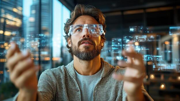 Innovative technology conference with man using augmented reality glasses photo