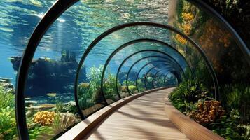 Underwater city with marine life, glass structures, and vibrant corals photo