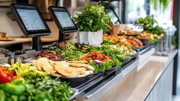 Fresh food display at modern market with digital ordering systems photo