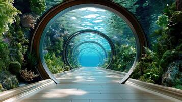 Underwater city with circular glass structures and vibrant marine life photo