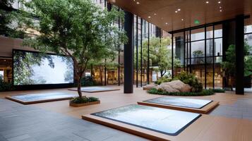 Futuristic city square featuring digital art installations and greenery photo