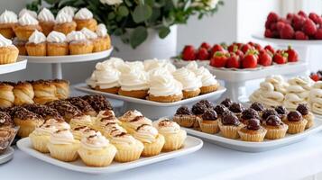 Lavish dessert table with colorful pastries, cupcakes, and strawberries photo