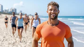 fitness instructor leading beachside workout class with participants photo