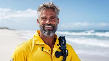 Lifeguard in yellow uniform smiling at beach with radio equipment photo