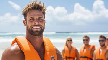 Lifeguard smiling with tourists on sunny beach, promoting safety and fun photo