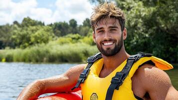 Life guard smiling by water, showcasing rescue float skills and confidence photo