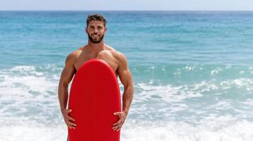Life guard with rescue board at beach, ready for training photo