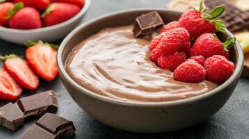 Creamy chocolate mousse topped with fresh raspberries and strawberries photo