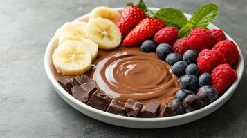 Luxurious chocolate fondue with fresh fruits and berries for dipping photo