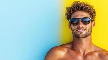 sun kissed man with curly hair wearing sunglasses against colorful background photo