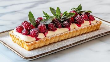 Luxurious fruit tart with raspberries, cream, and mint leaves, beautifully presented photo