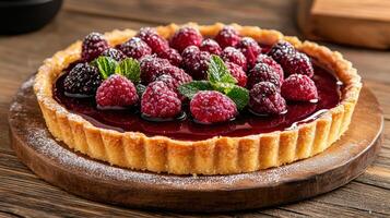 Luxurious fruit tart with glossy finish, topped with fresh berries photo