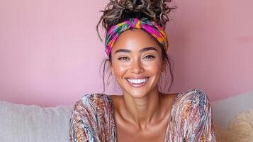 A woman with a headband on smiling photo